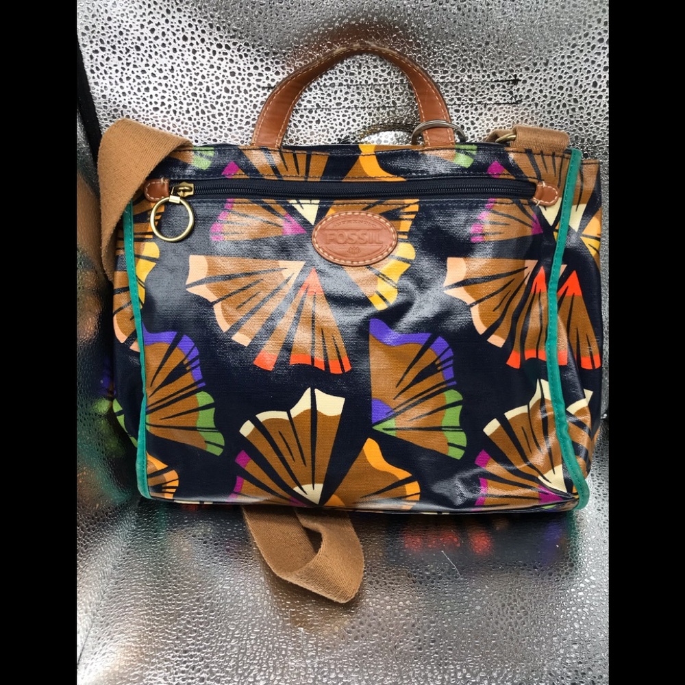 Fossil Canvas Coated Tropical Flower Dark Blue Cross Body Shoulder Bag Purse